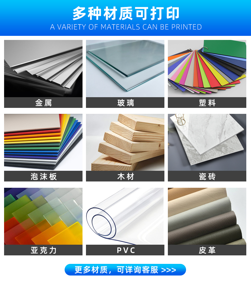 可打印的材料：金屬。玻璃、塑料